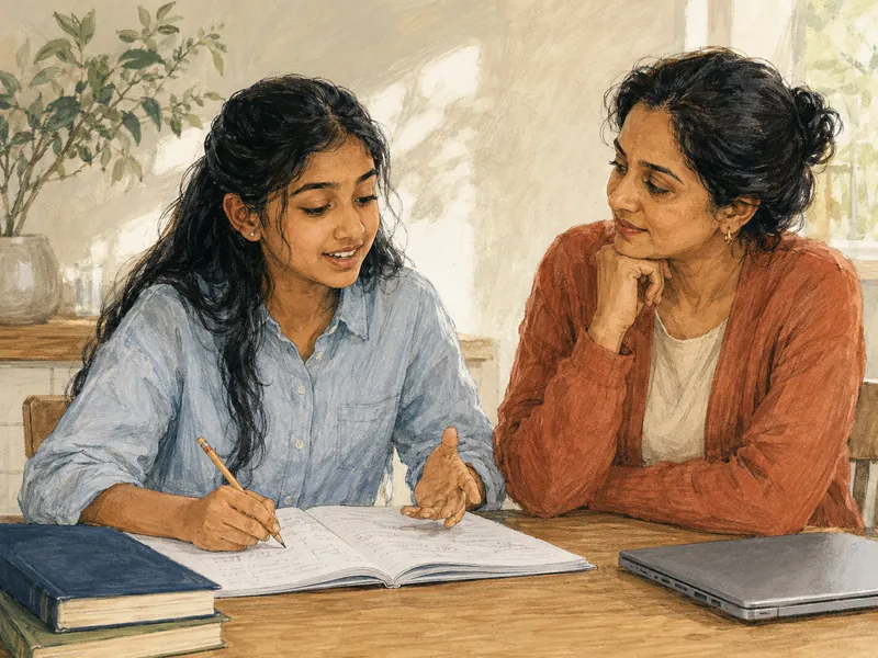 Illustration of a student explaining her work while her mother listens with encouragement