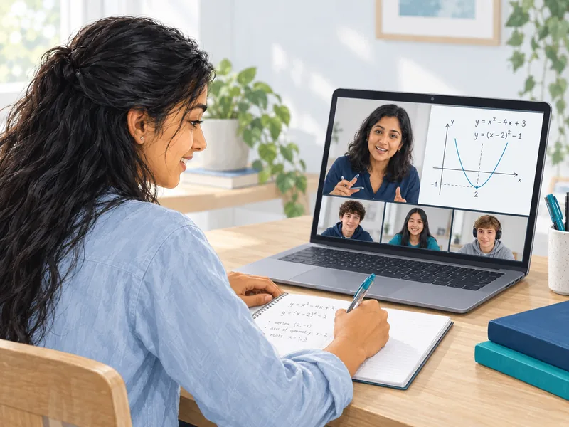 Illustration of a student joining an online group maths lesson with a tutor and other students