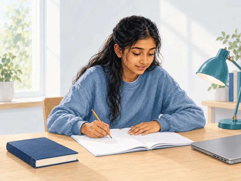 Illustration of a student working through an exercise independently at her desk