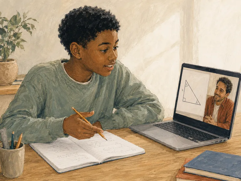 Illustration of a student asking his online tutor a question about his work