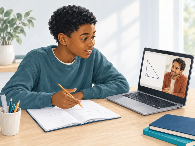 Illustration of a student asking his online tutor a question about his work
